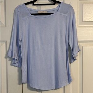 ANN TAYLOR LOFT Soft Blue Ruffle Sleeve Blouse Crewneck Pullover Square Neck
